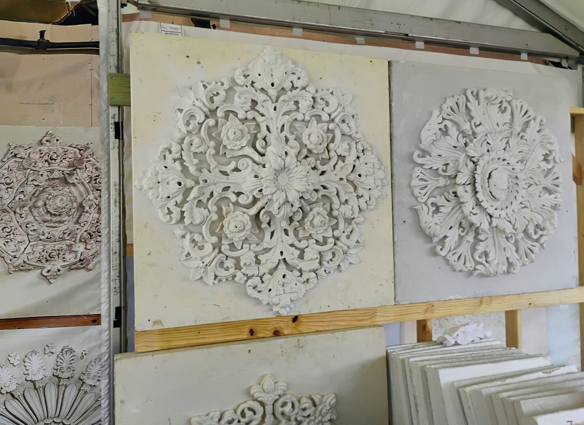 Some of Jeff Poree's amazing rosettes made out of cast plaster.
