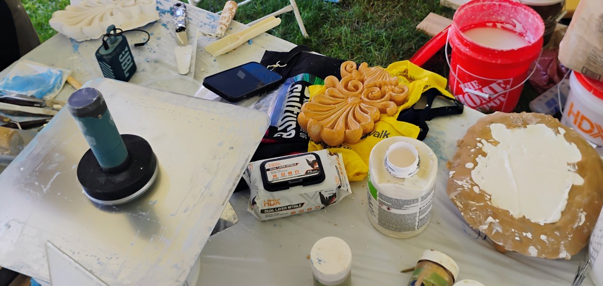 Plaster was cast on the bench with rubber molds.