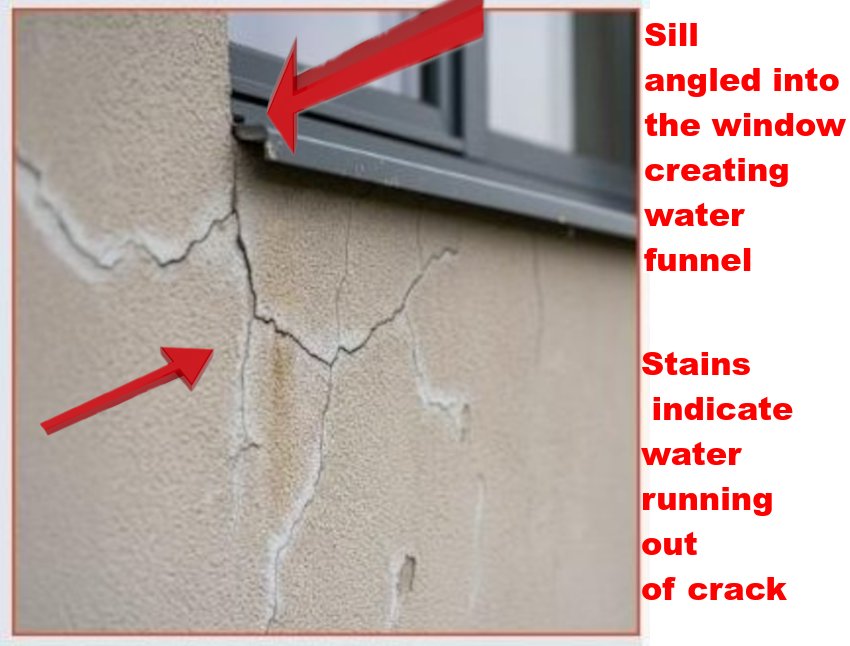 Poorly installed window damages stucco.